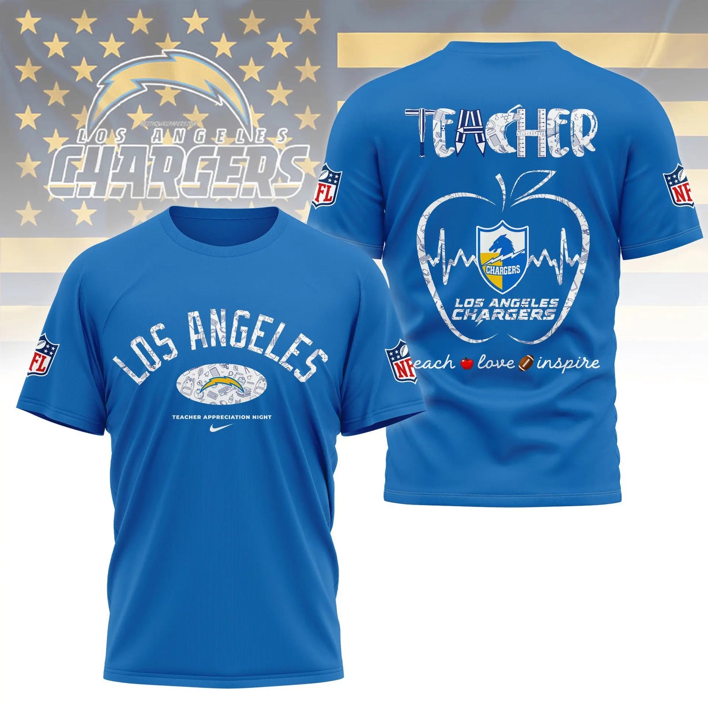 Los Angeles Chargers |PREMIUM 3D TEACHER APPRECIATION DAY SHIRT NY – HuddleStyle.com - Image 2