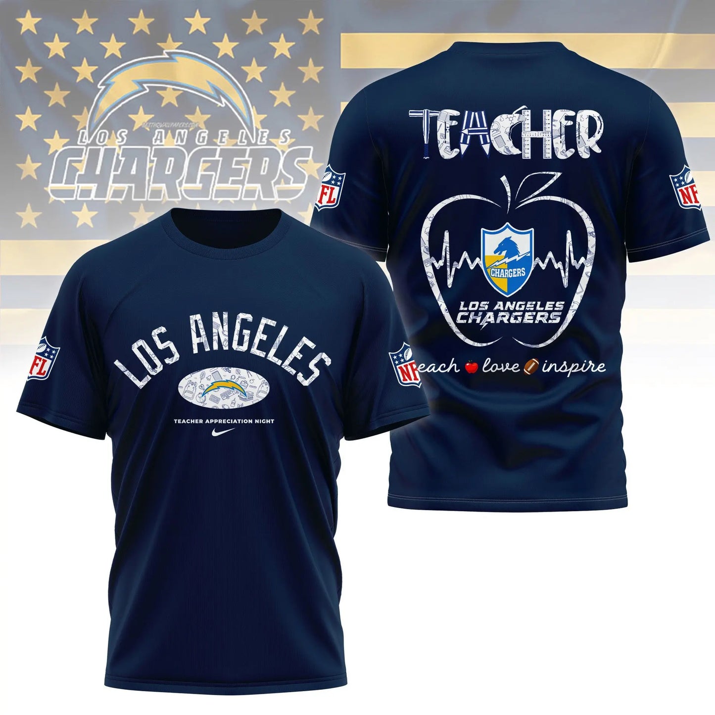 Los Angeles Chargers |PREMIUM 3D TEACHER APPRECIATION DAY SHIRT NY – HuddleStyle.com - Main