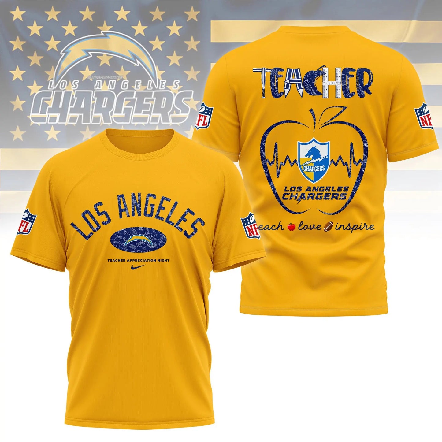 Los Angeles Chargers |PREMIUM 3D TEACHER APPRECIATION DAY SHIRT NY – HuddleStyle.com - Image 3