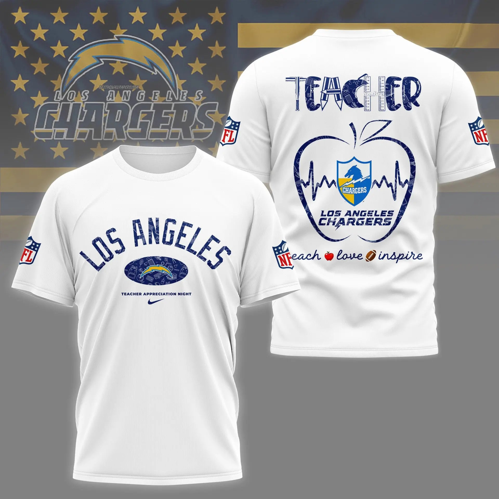 Los Angeles Chargers |PREMIUM 3D TEACHER APPRECIATION DAY SHIRT NY – HuddleStyle.com - Image 4