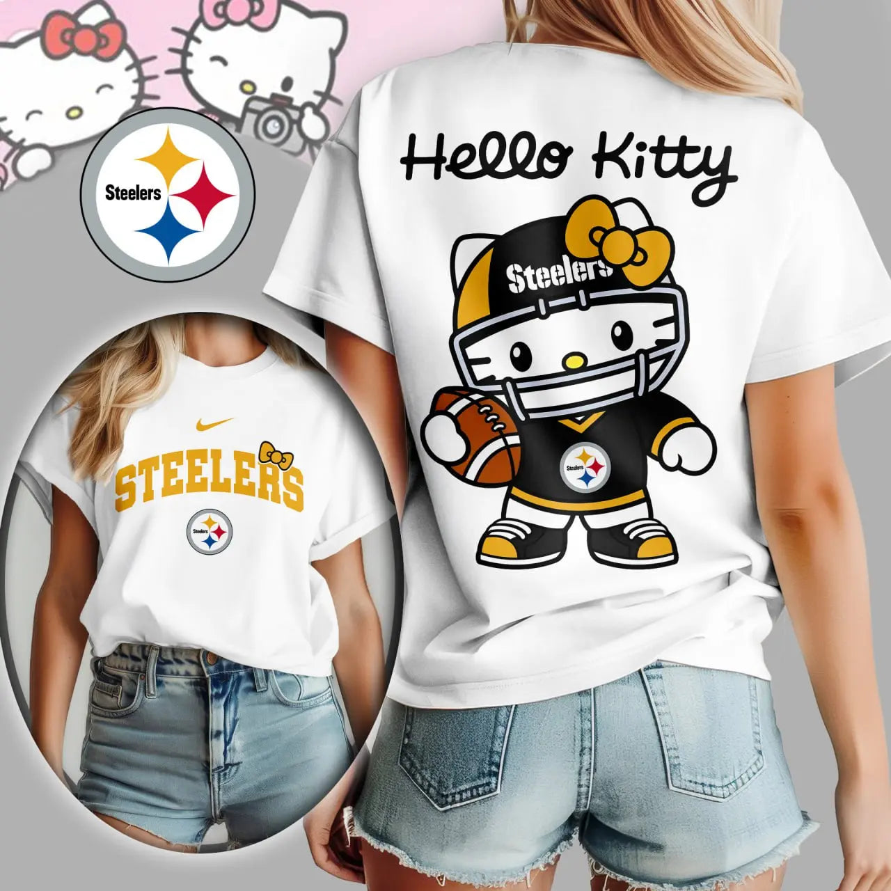 Pittsburgh Steelers | Premium NFL Hello Kitty 3D Shirt TD – HuddleStyle.com - Image 3