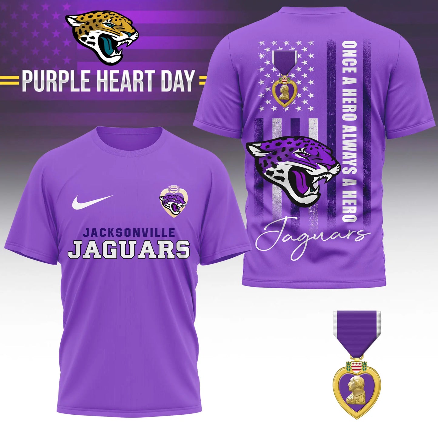 Jacksonville Jaguars | Premium NFL Premium National Purple Heart Day 3D Shirt HI – HuddleStyle.com - Image 3