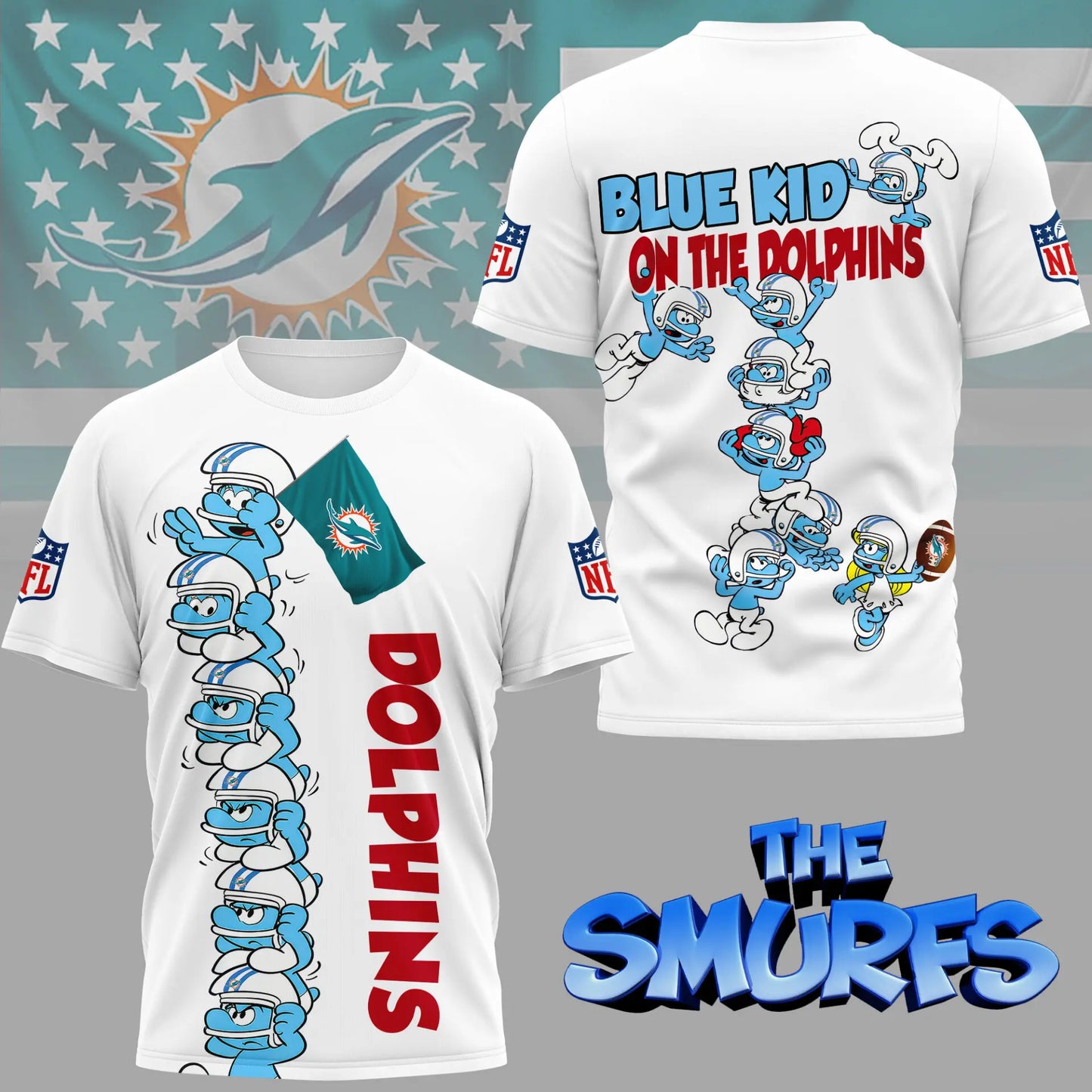 Miami Dolphins | Premium NFL x Smurfs 3D Shirt NY – HuddleStyle.com - Image 3