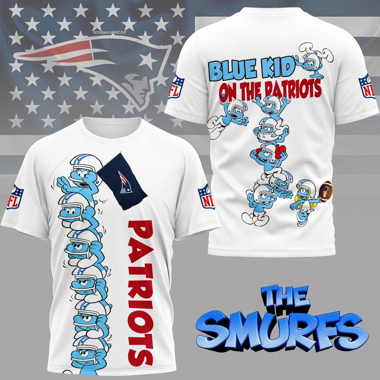 New England Patriots | Premium NFL x Smurfs 3D Shirt NY – HuddleStyle.com - Image 3