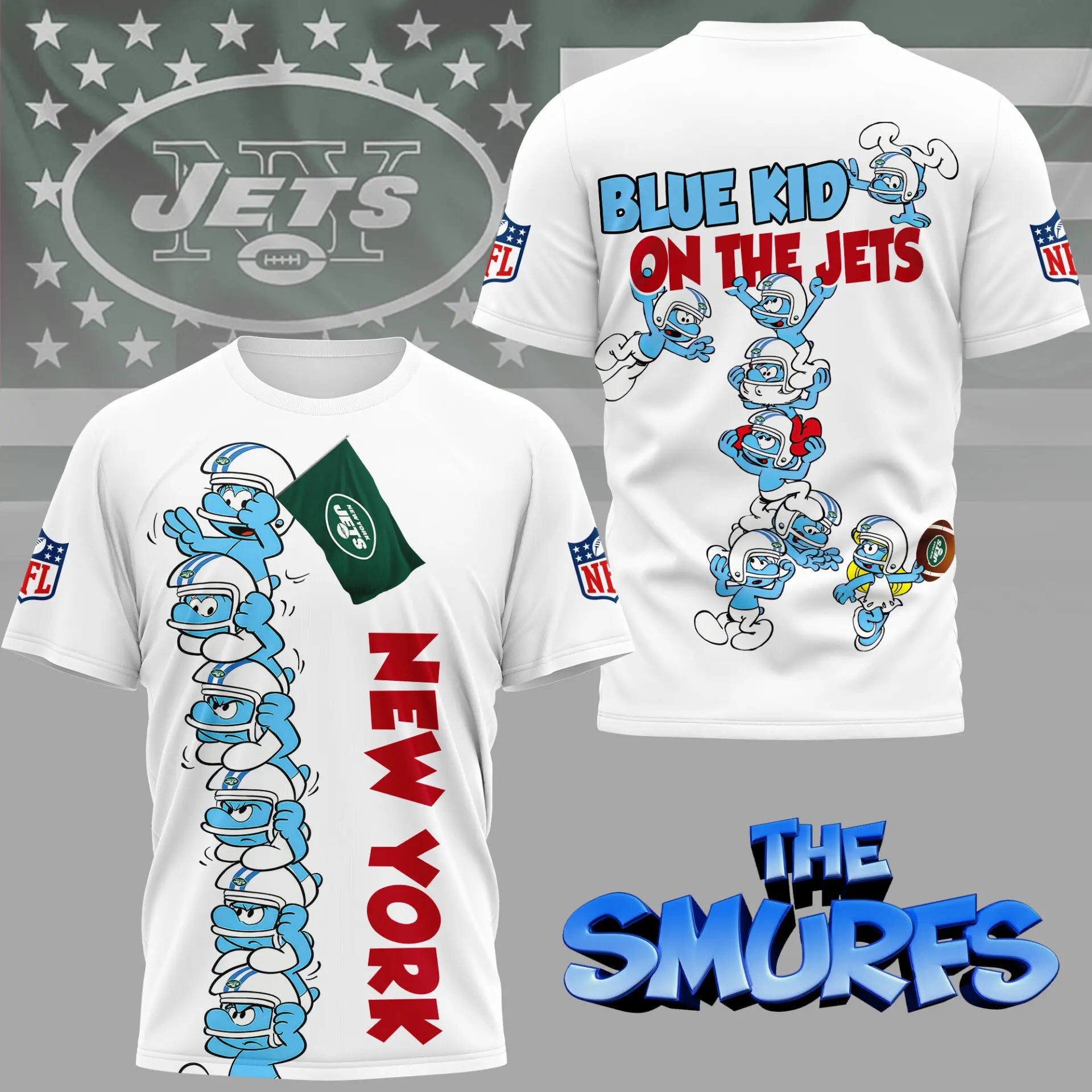 New York Jets | Premium NFL x Smurfs 3D Shirt NY – HuddleStyle.com - Image 3