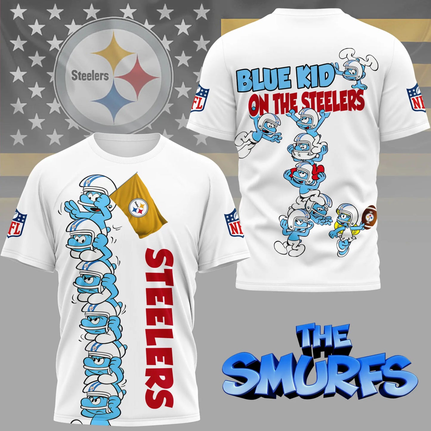 Pittsburgh Steelers | Premium NFL x Smurfs 3D Shirt NY – HuddleStyle.com - Image 2