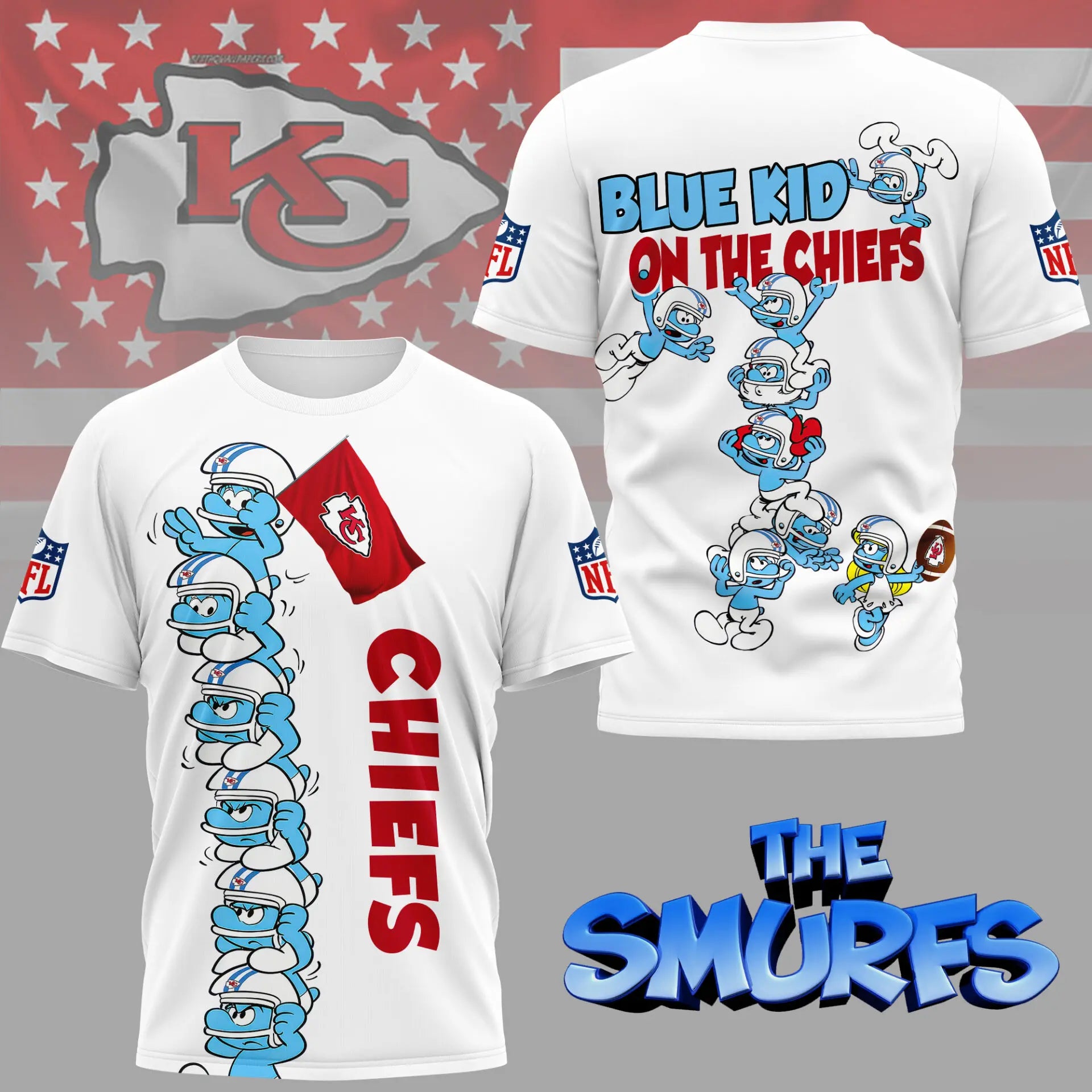 Kansas City Chiefs | Premium NFL x Smurfs 3D Shirt NY – HuddleStyle.com - Image 3