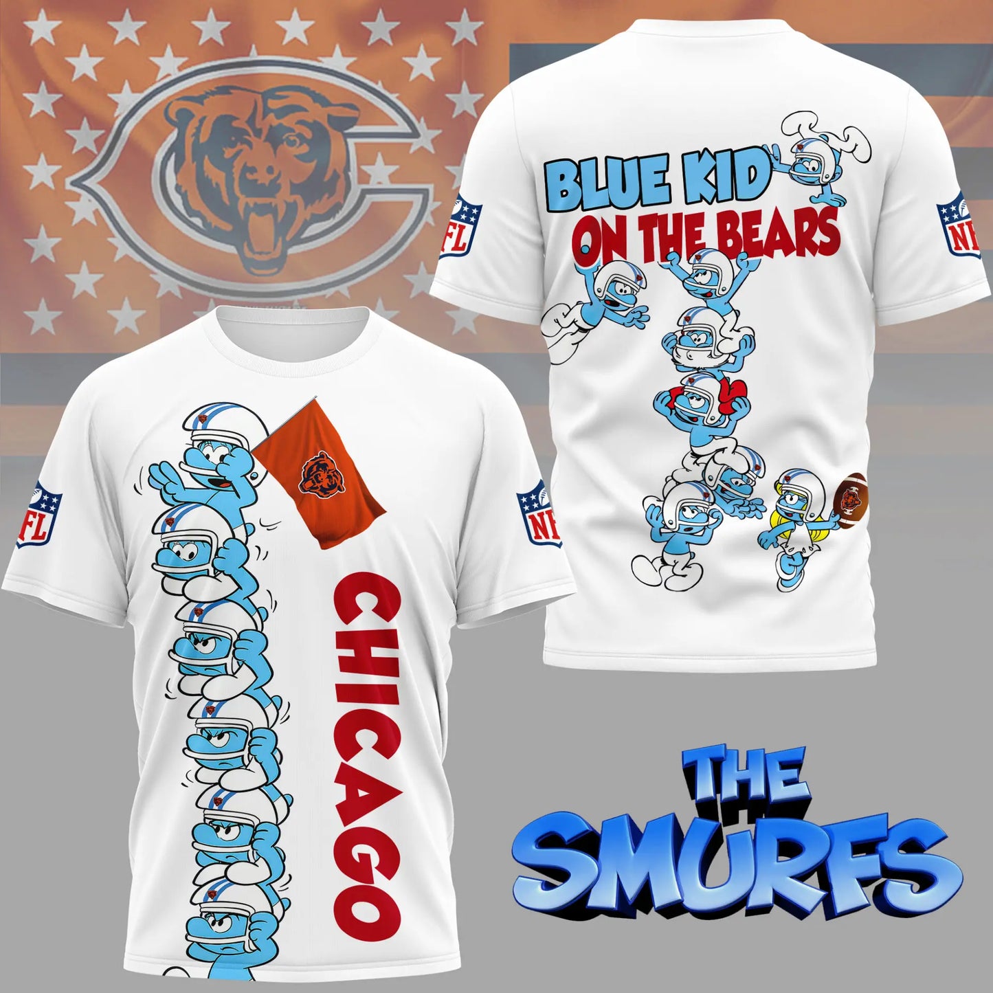 Chicago Bears | Premium NFL x Smurfs 3D Shirt NY – HuddleStyle.com - Image 2