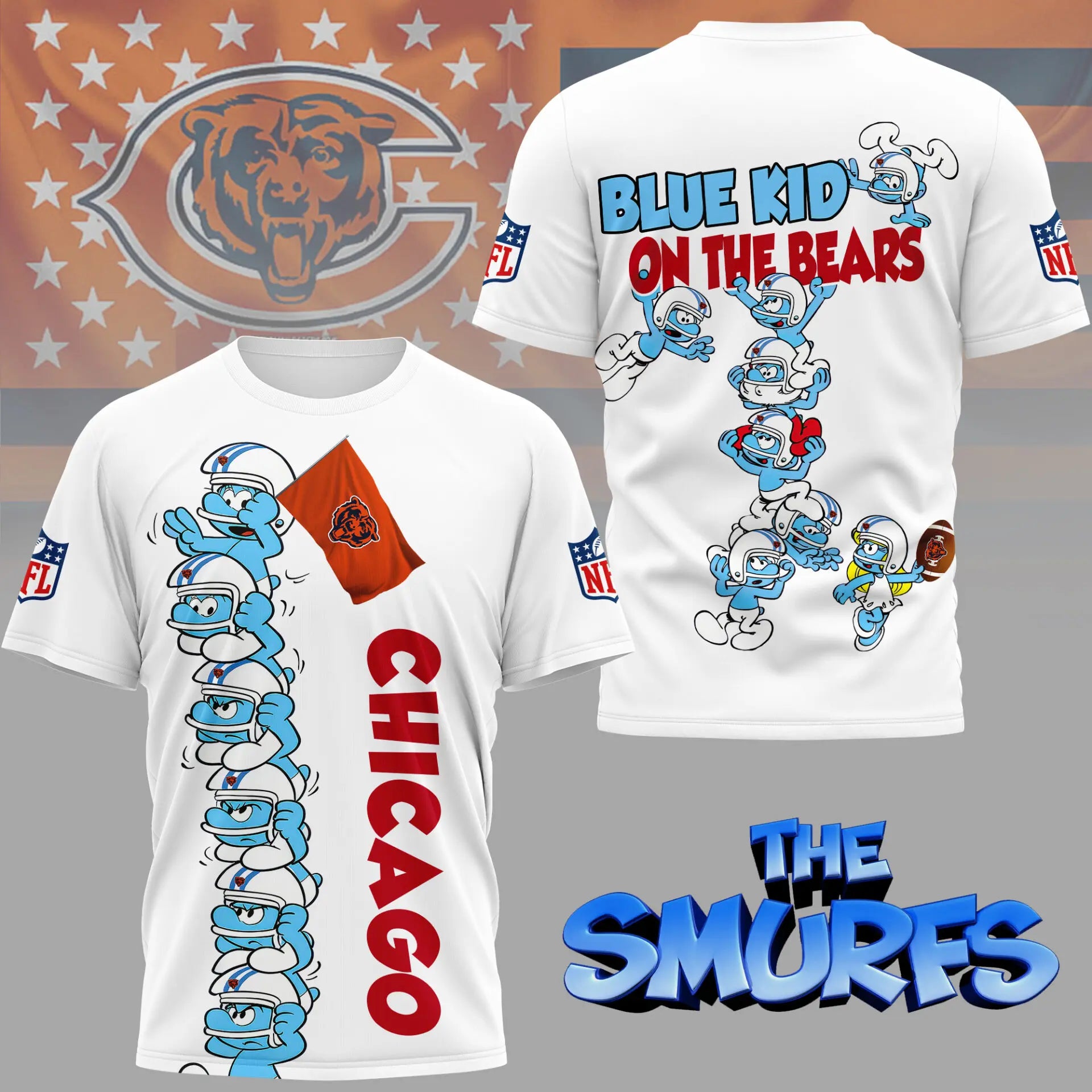 Chicago Bears | Premium NFL x Smurfs 3D Shirt NY – HuddleStyle.com - Image 2