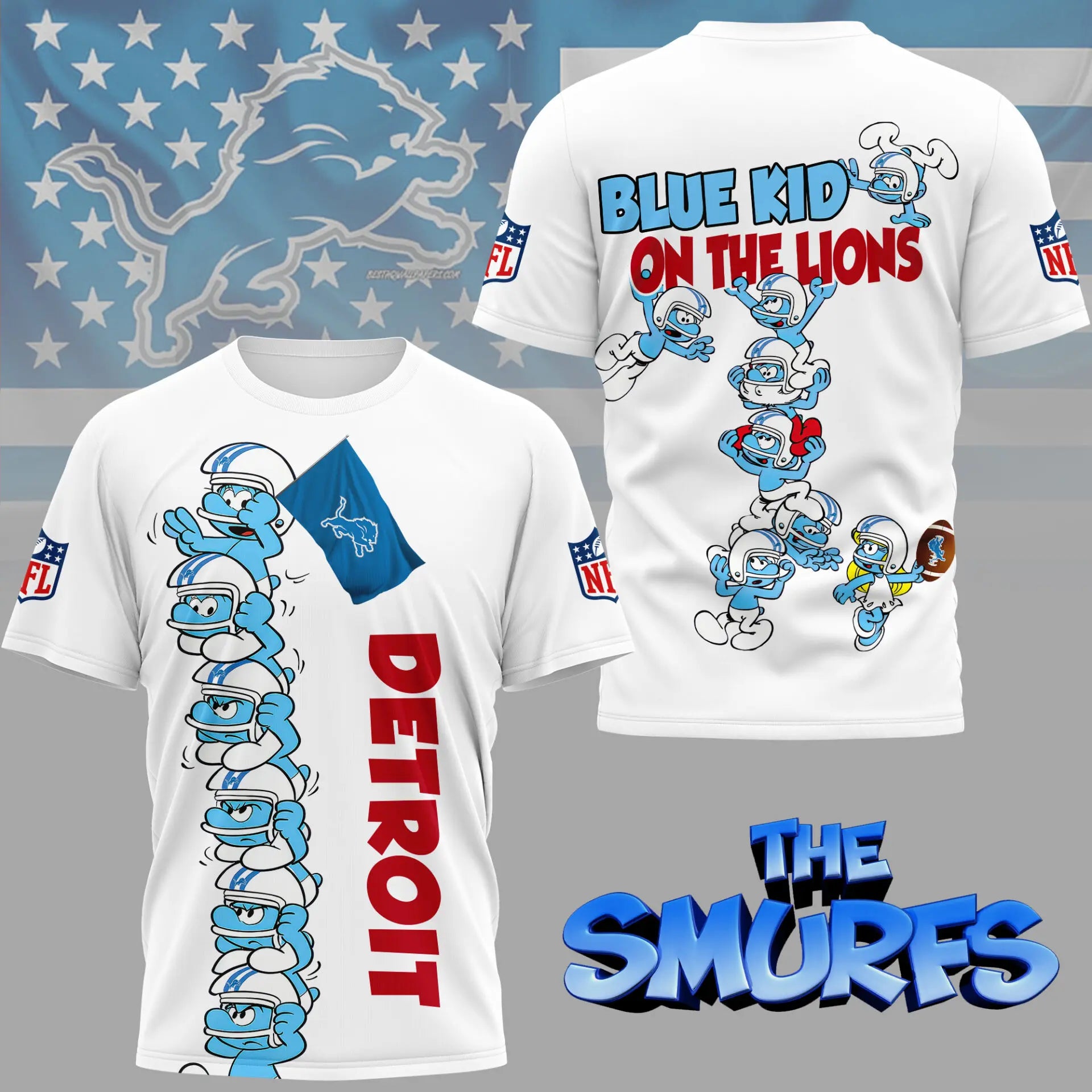 Detroit Lions | Premium NFL x Smurfs 3D Shirt NY – HuddleStyle.com - Main