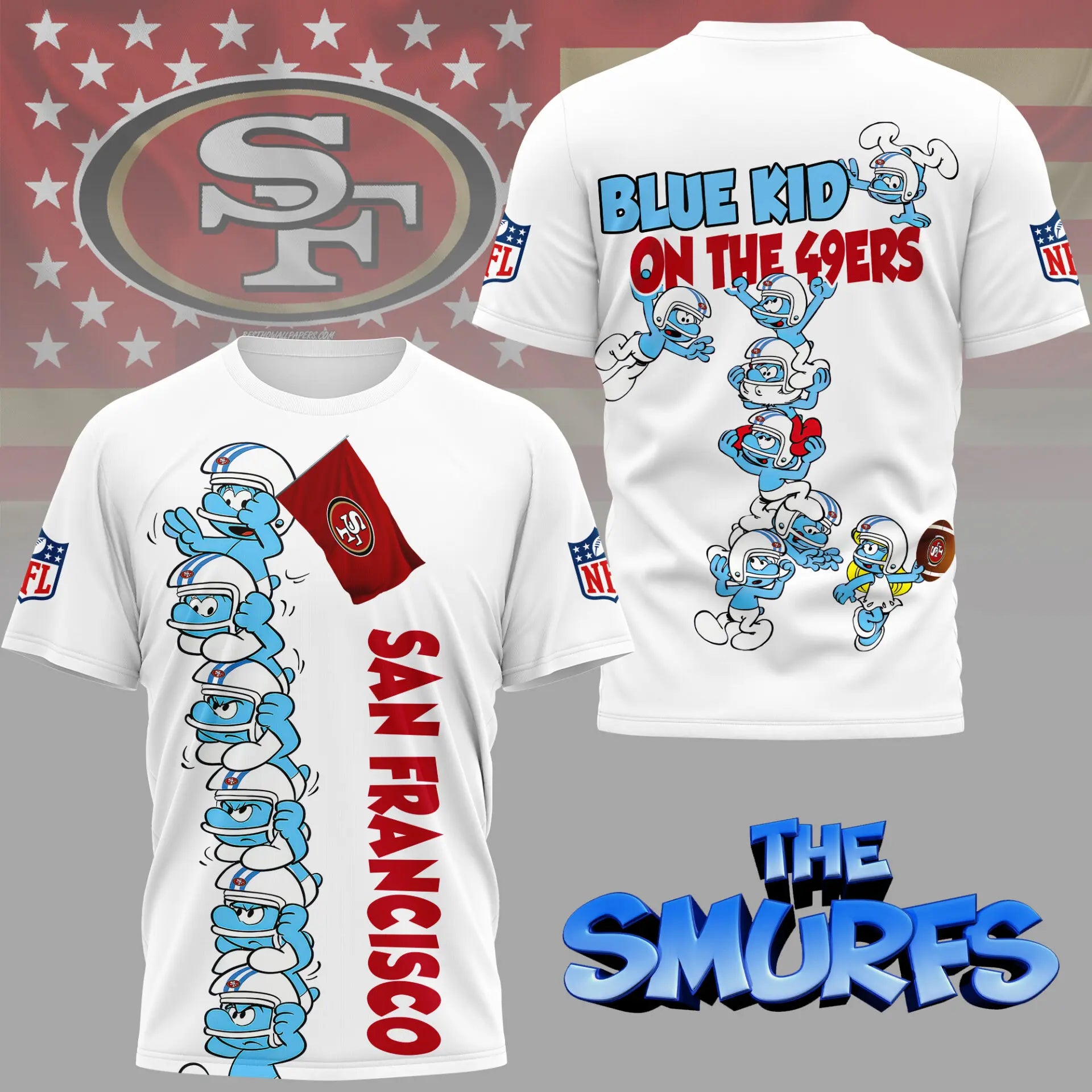 San Francisco 49ers | Premium NFL x Smurfs 3D Shirt NY – HuddleStyle.com - Image 3