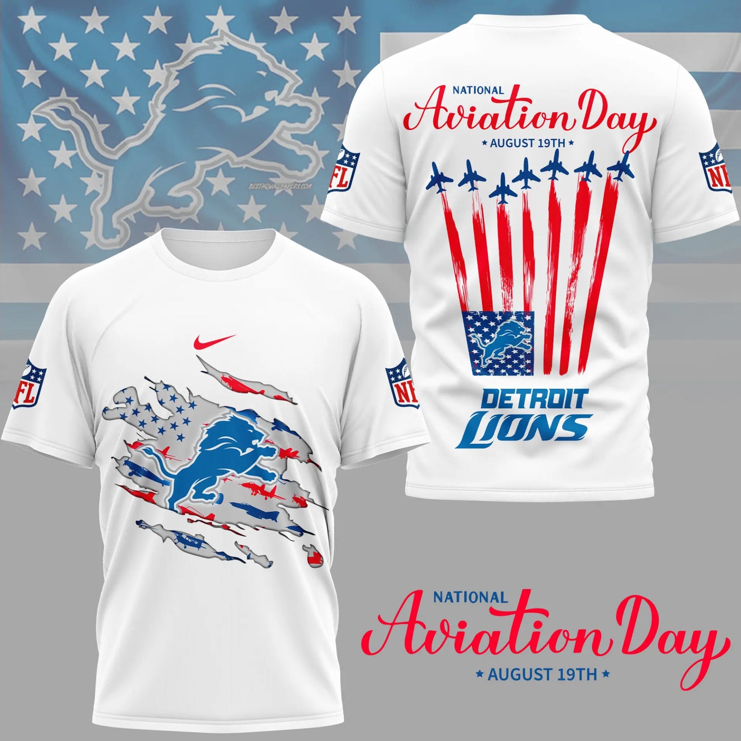 Detroit Lions | Premium National Aviation Day 3D Shirt NY – HuddleStyle.com - Image 2