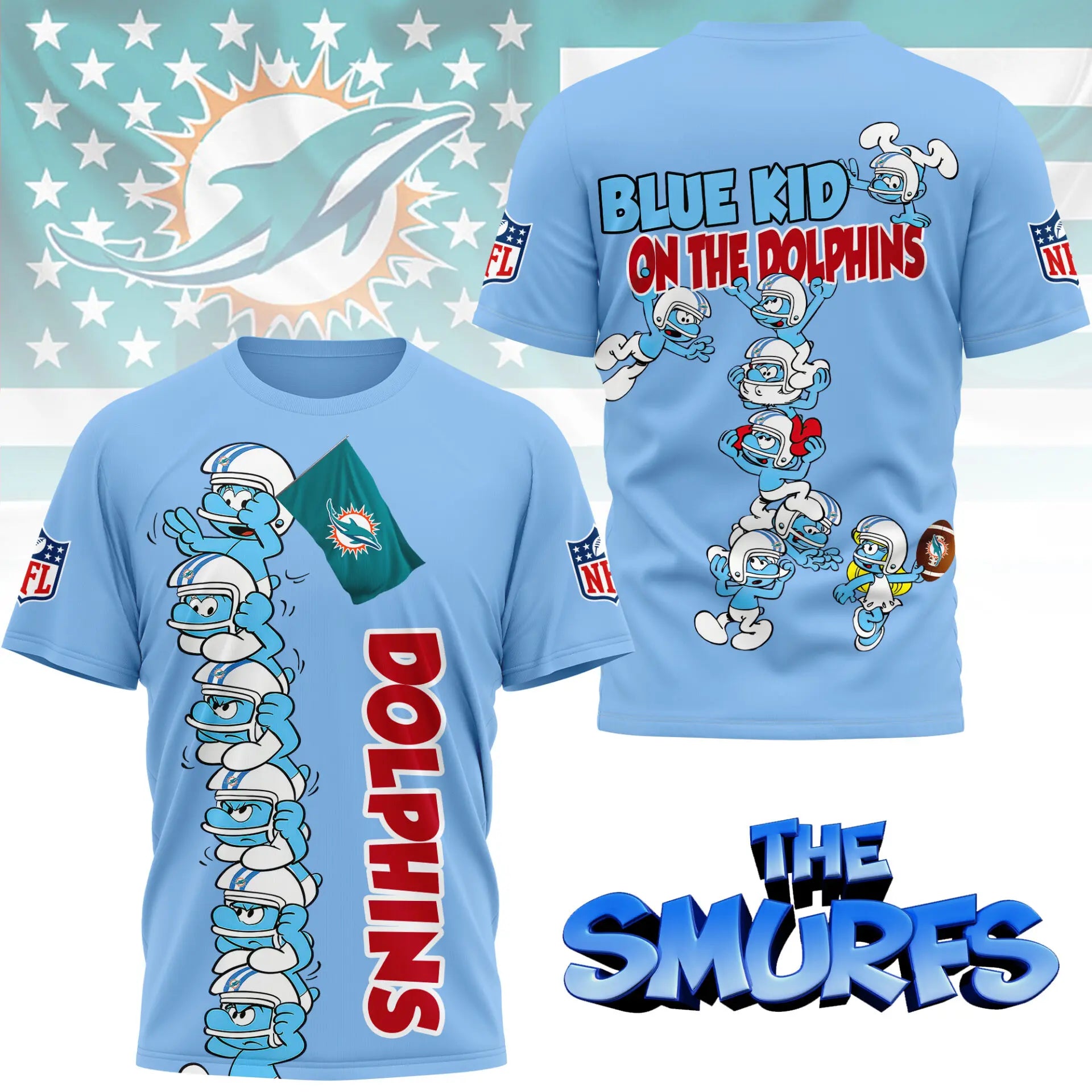 Miami Dolphins | Premium NFL x Smurfs 3D Shirt NY – HuddleStyle.com - Image 2