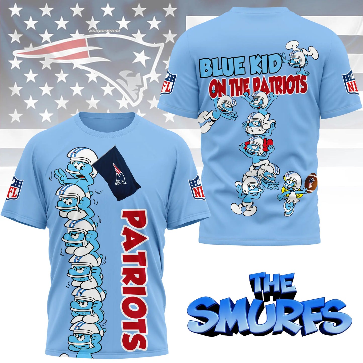 New England Patriots | Premium NFL x Smurfs 3D Shirt NY – HuddleStyle.com - Main