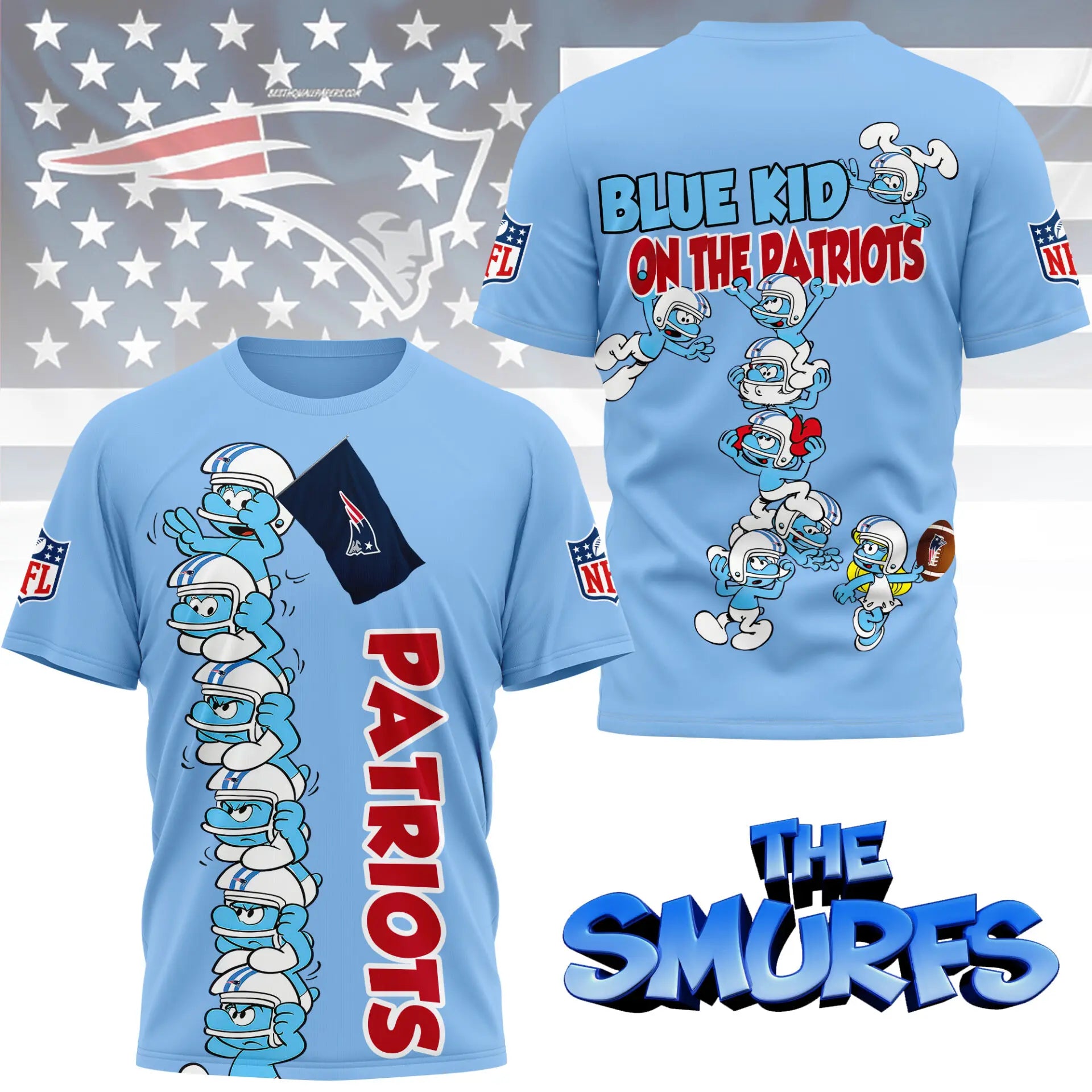 New England Patriots | Premium NFL x Smurfs 3D Shirt NY – HuddleStyle.com - Main