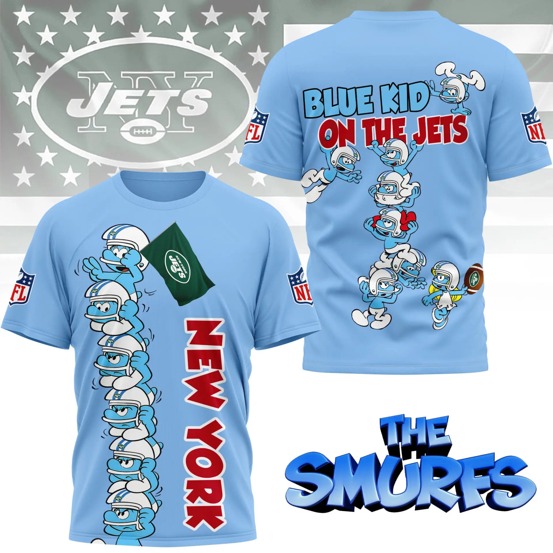 New York Jets | Premium NFL x Smurfs 3D Shirt NY – HuddleStyle.com - Main