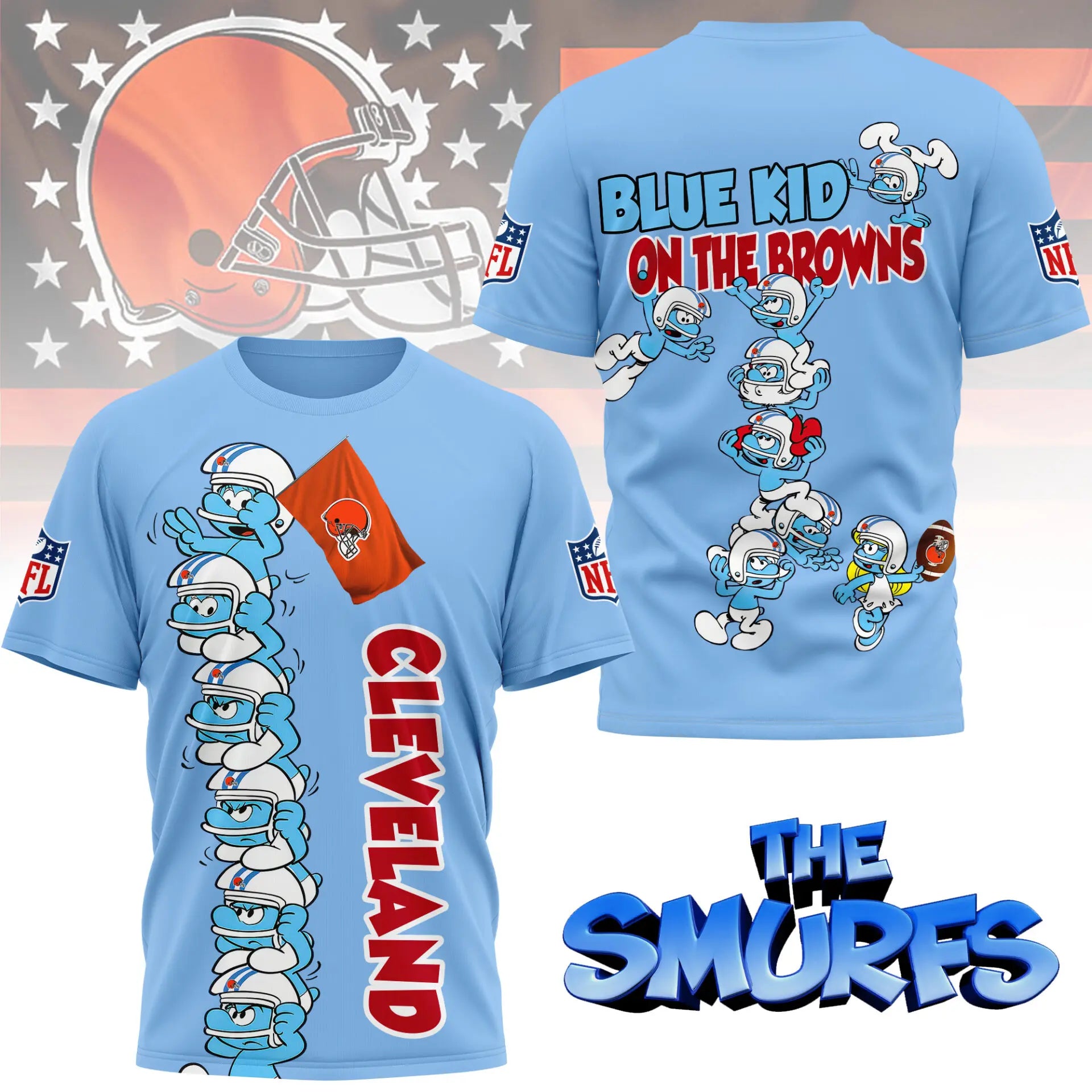 Cleveland Browns | Premium NFL x Smurfs 3D Shirt NY – HuddleStyle.com - Main
