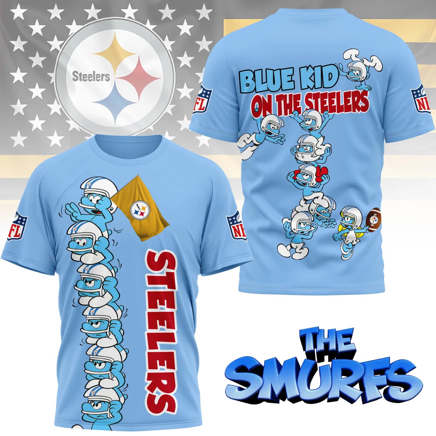 Pittsburgh Steelers | Premium NFL x Smurfs 3D Shirt NY – HuddleStyle.com - Image 3