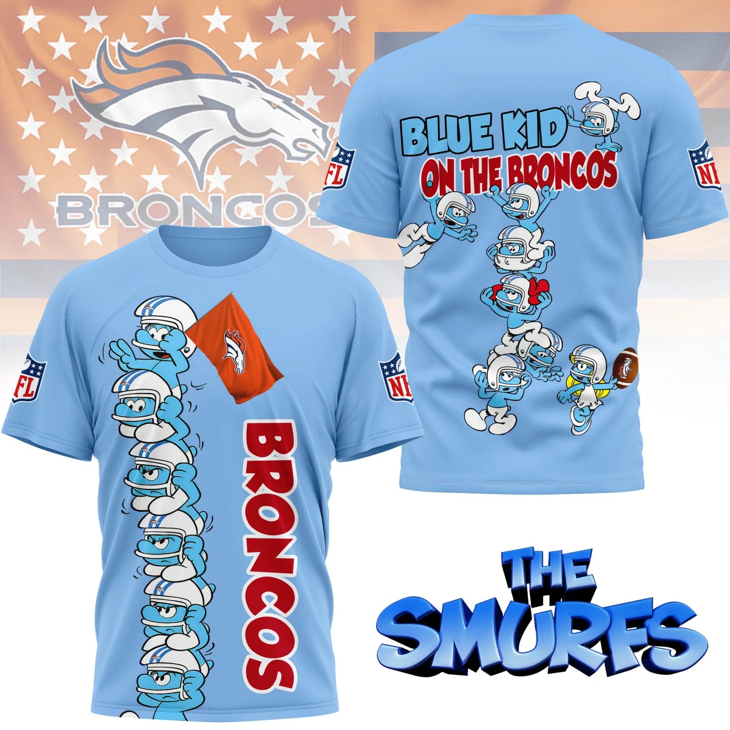Denver Broncos | Premium NFL x Smurfs 3D Shirt NY – HuddleStyle.com - Main