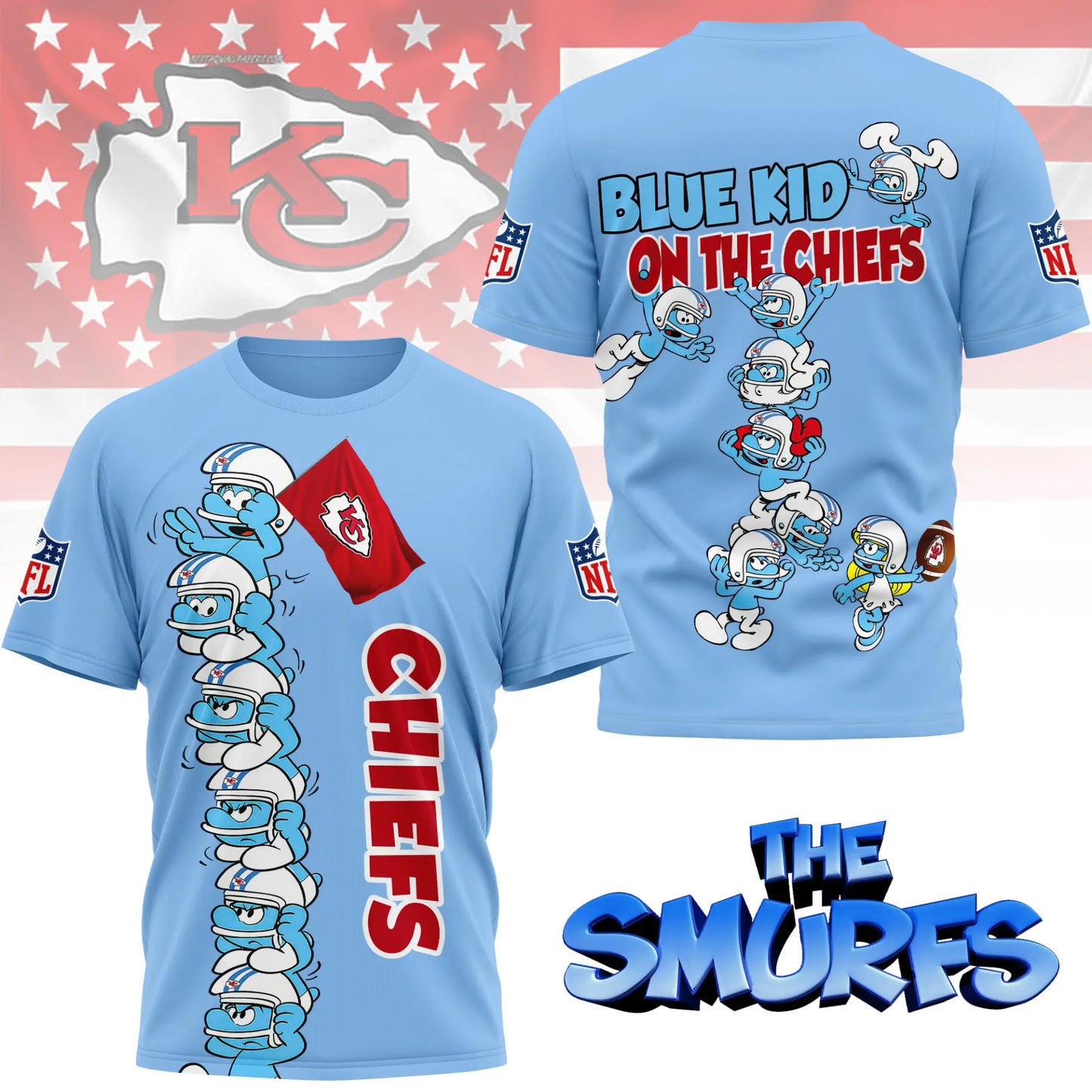 Kansas City Chiefs | Premium NFL x Smurfs 3D Shirt NY – HuddleStyle.com - Main