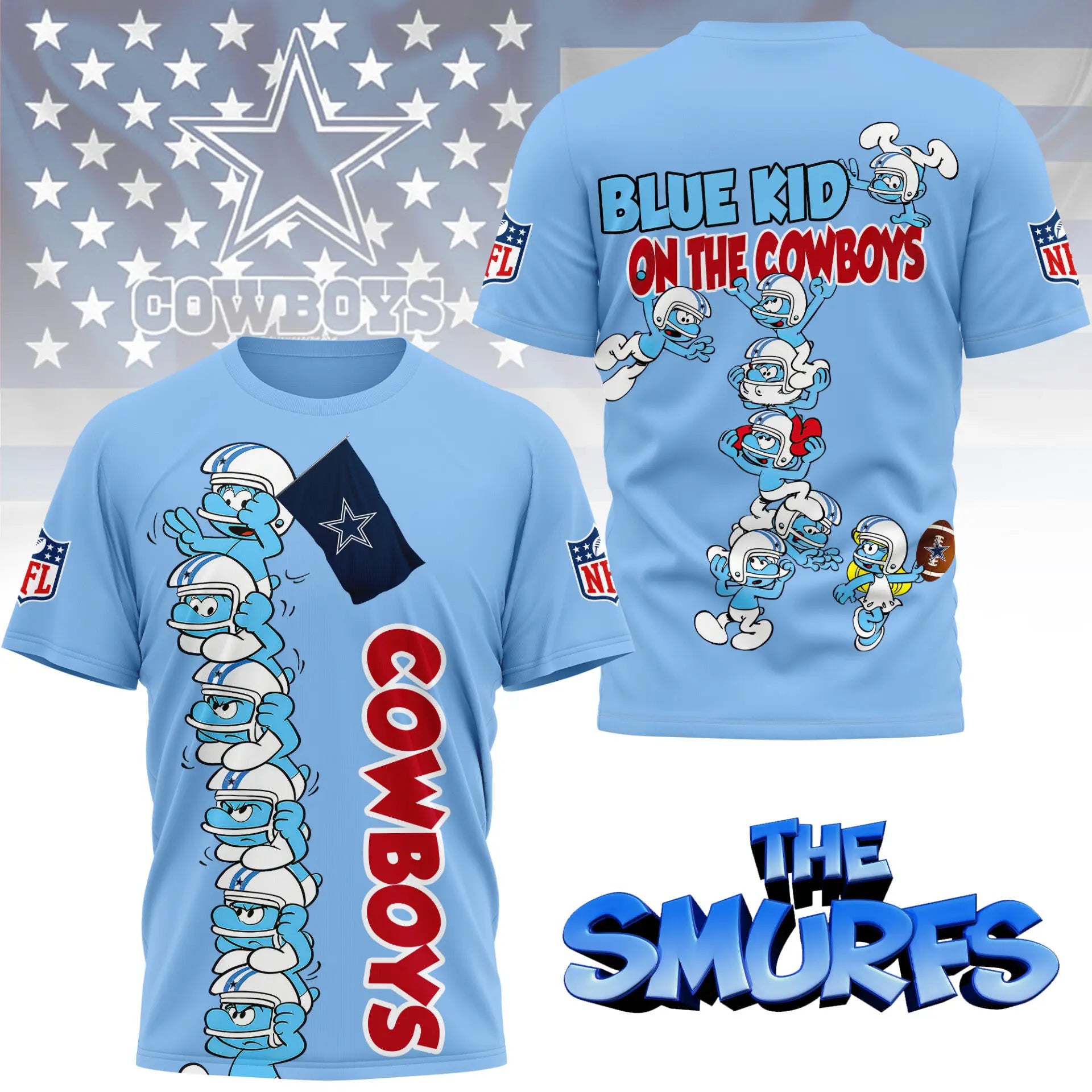 Dallas Cowboys | Premium NFL x Smurfs 3D Shirt NY – HuddleStyle.com - Image 2