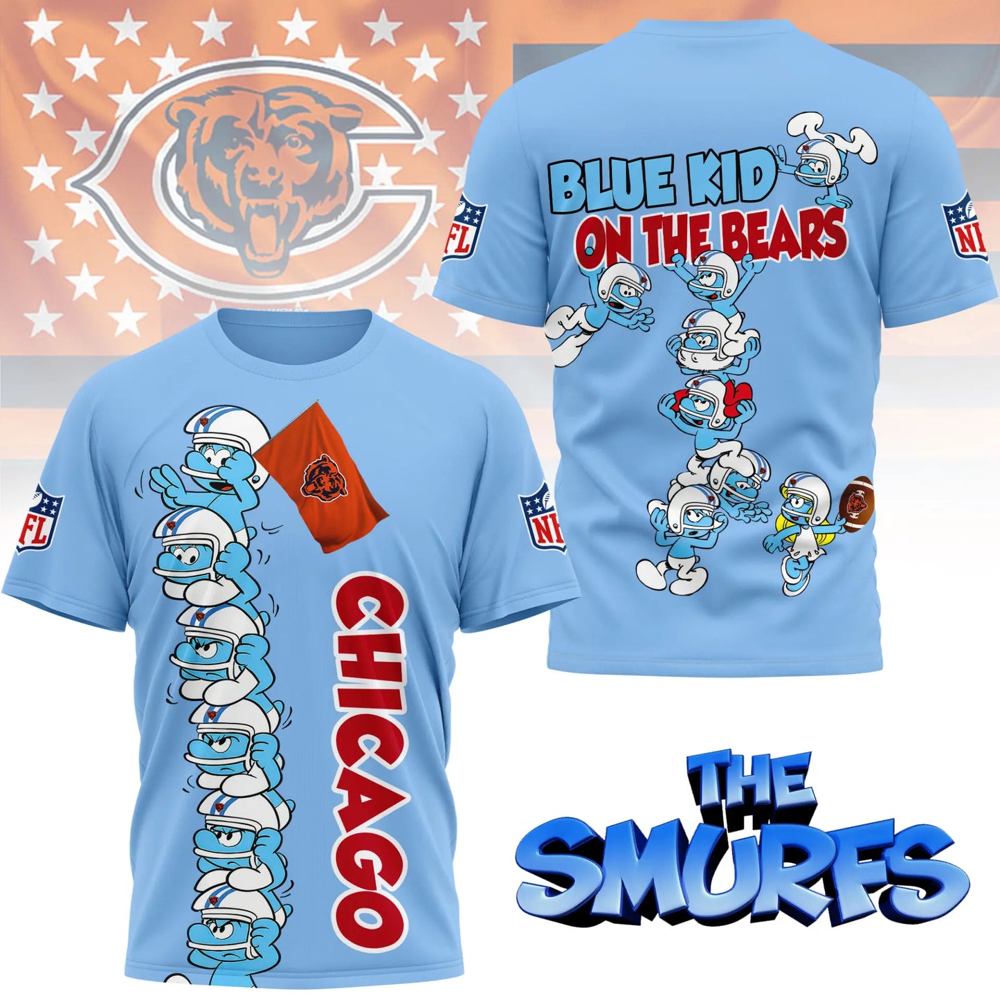 Chicago Bears | Premium NFL x Smurfs 3D Shirt NY – HuddleStyle.com - Main
