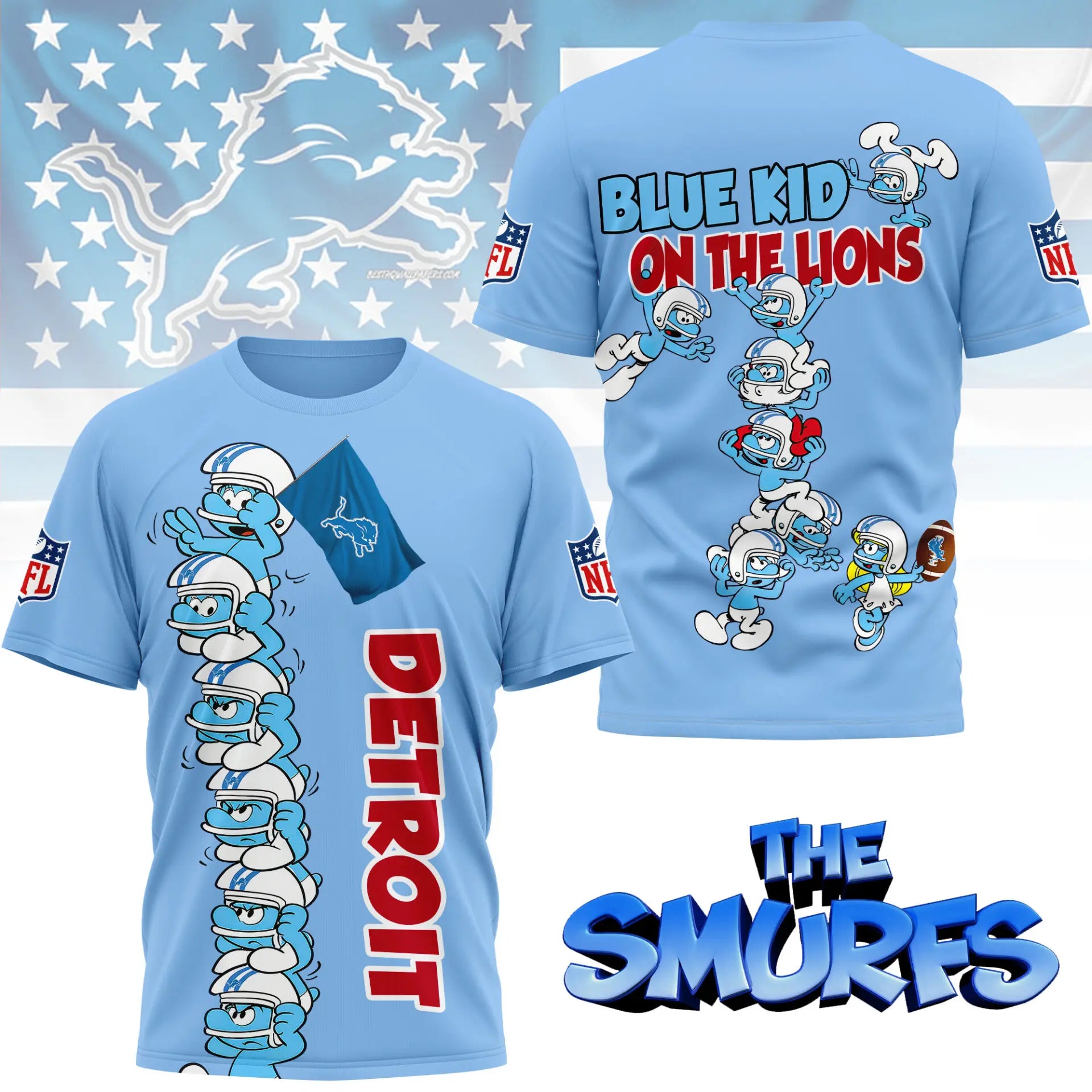 Detroit Lions | Premium NFL x Smurfs 3D Shirt NY – HuddleStyle.com - Image 2
