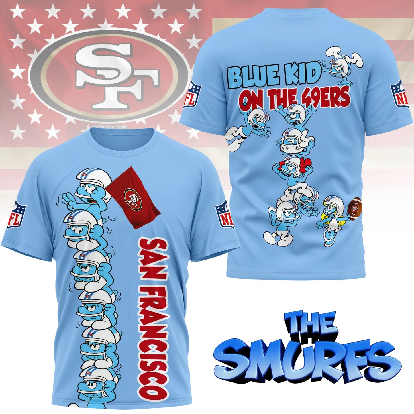 San Francisco 49ers | Premium NFL x Smurfs 3D Shirt NY – HuddleStyle.com - Main